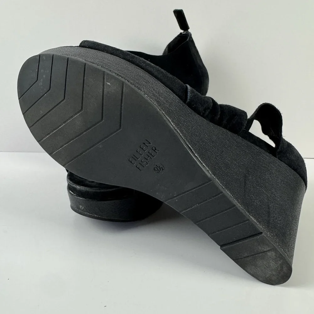 Eileen Fisher Women's Black Suede Wedge Sandals‎ Shoes Heels Sz 9.5